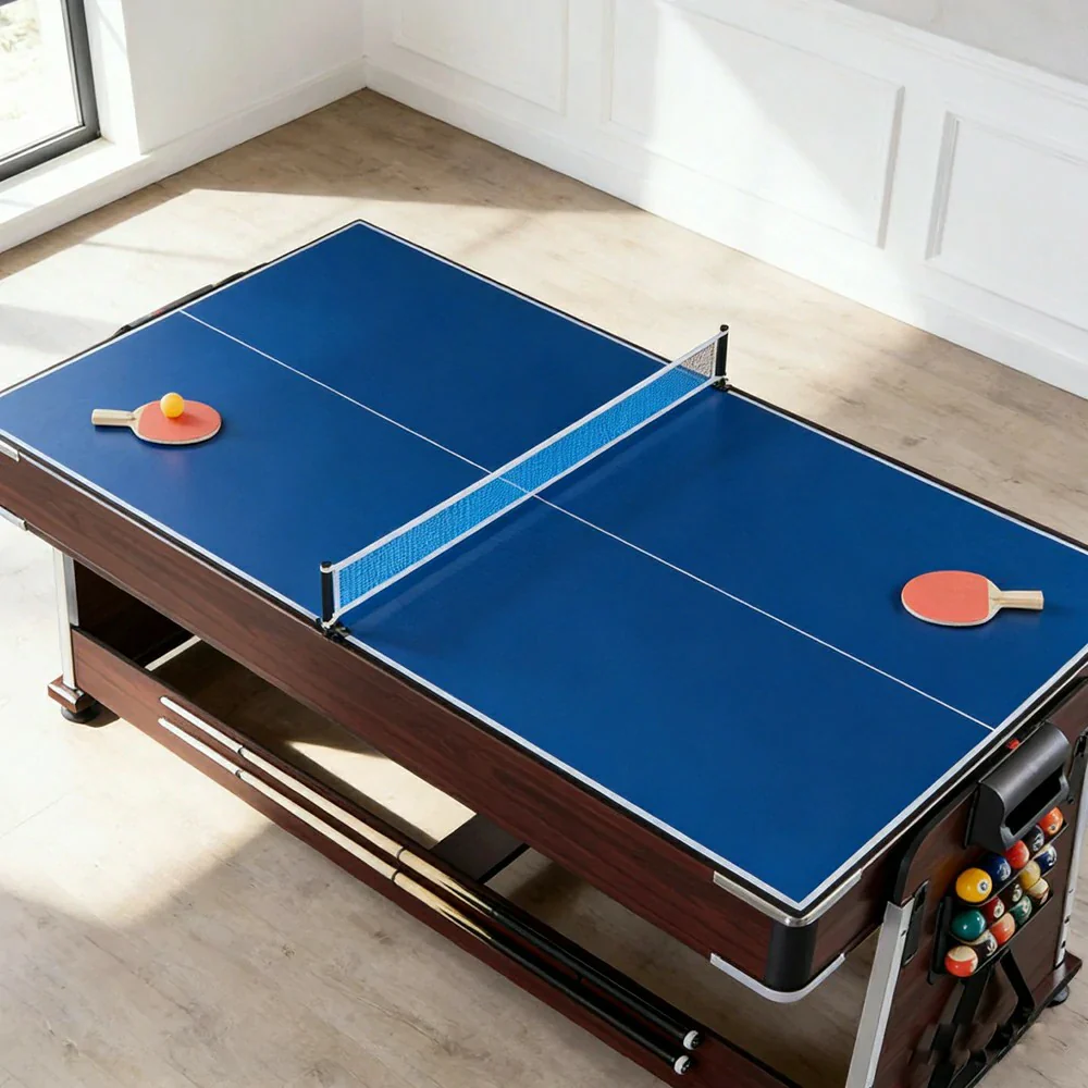 VERSA 4-IN-1 6FT Convertible Game Table - Air Hockey, Pool, Table Tennis & Dining, Space-Saving Brown Frame, Free Accessories - Red Felt - Image 10