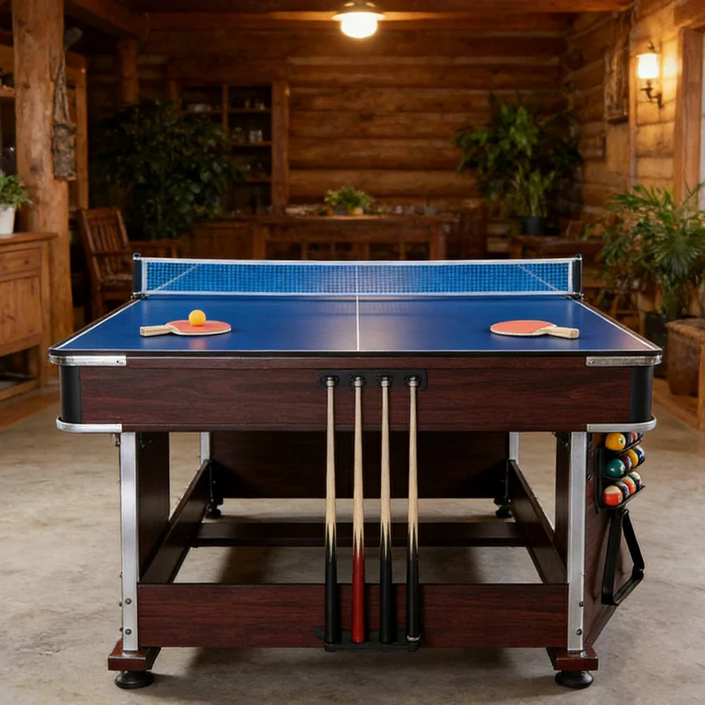 VERSA 4-IN-1 6FT Convertible Game Table - Air Hockey, Pool, Table Tennis & Dining, Space-Saving Brown Frame, Free Accessories - Red Felt - Image 11