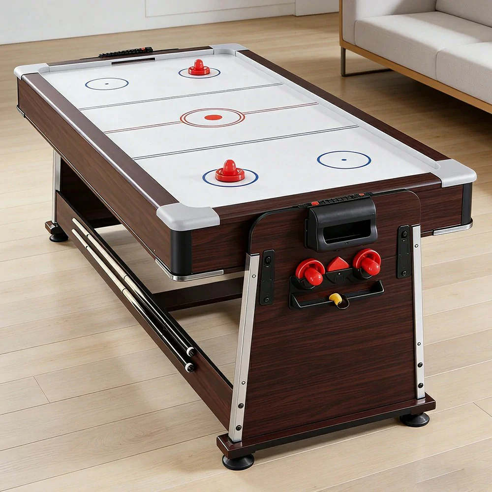 VERSA 4-IN-1 6FT Convertible Game Table - Air Hockey, Pool, Table Tennis & Dining, Space-Saving Brown Frame, Free Accessories - Red Felt - Image 13