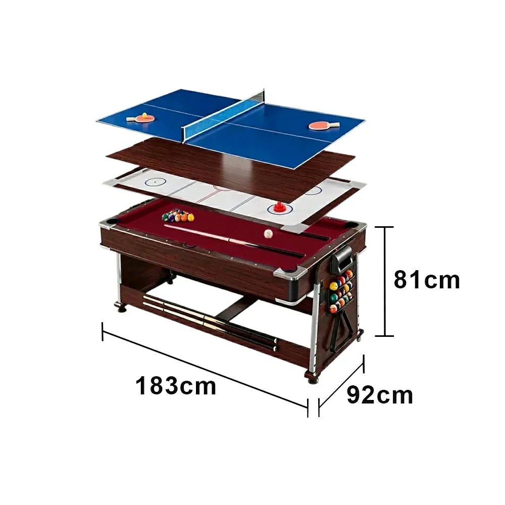 VERSA 4-IN-1 6FT Convertible Game Table - Air Hockey, Pool, Table Tennis & Dining, Space-Saving Brown Frame, Free Accessories - Red Felt - Image 15