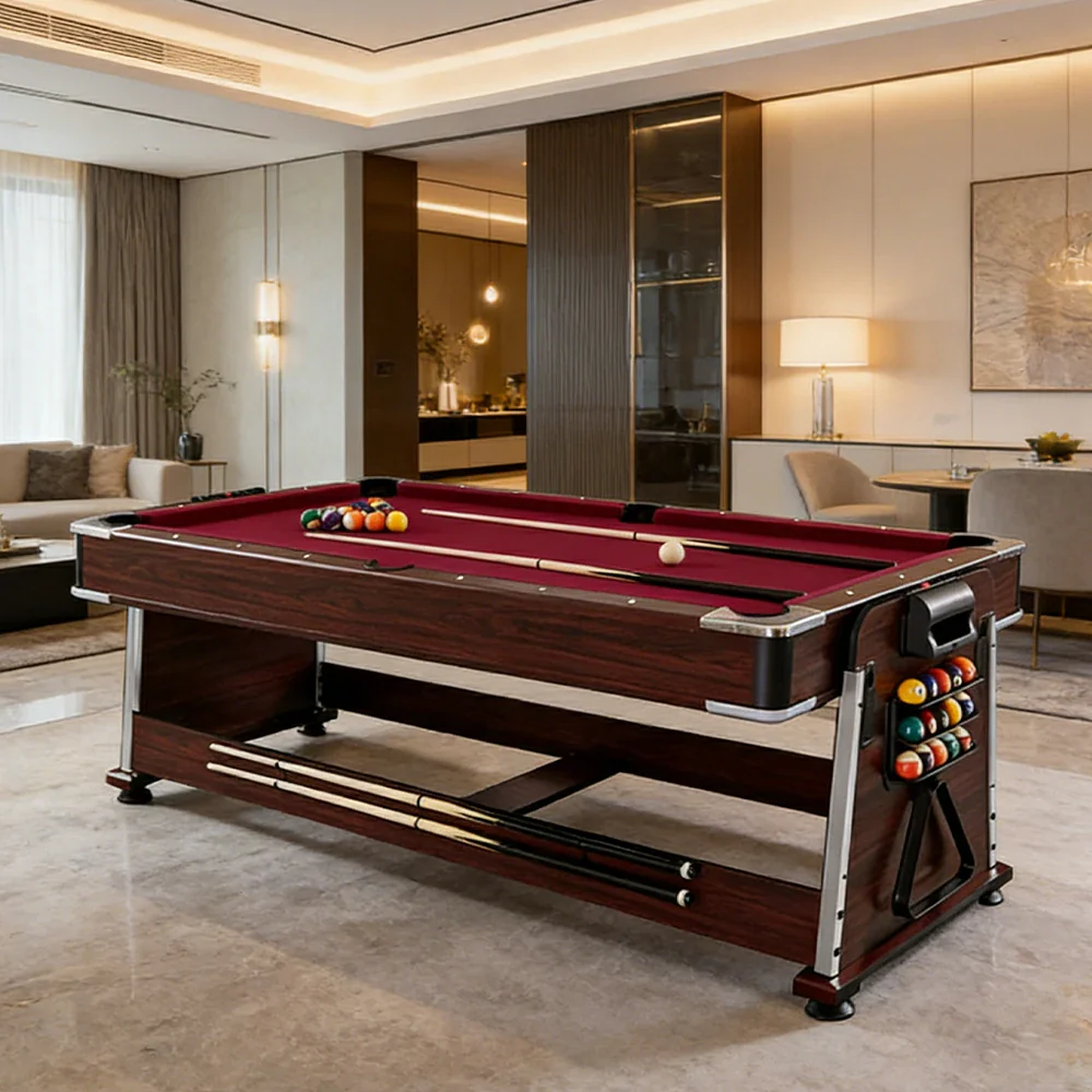VERSA 4-IN-1 6FT Convertible Game Table - Air Hockey, Pool, Table Tennis & Dining, Space-Saving Brown Frame, Free Accessories - Red Felt - Image 3