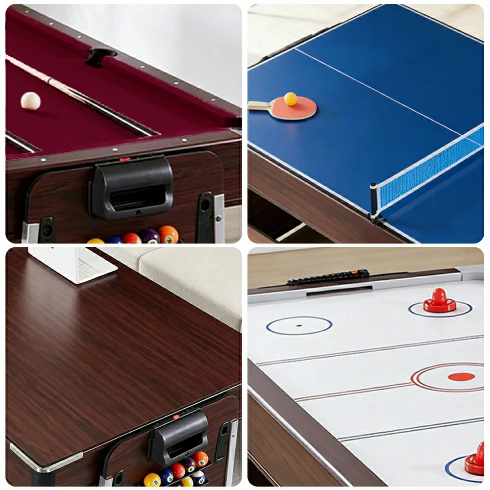 VERSA 4-IN-1 6FT Convertible Game Table - Air Hockey, Pool, Table Tennis & Dining, Space-Saving Brown Frame, Free Accessories - Red Felt - Image 4