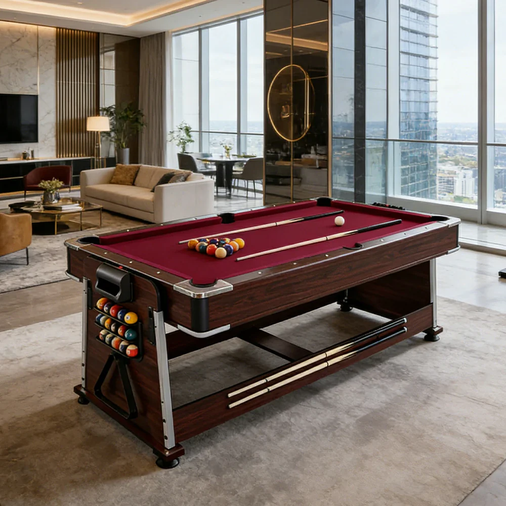 VERSA 4-IN-1 6FT Convertible Game Table - Air Hockey, Pool, Table Tennis & Dining, Space-Saving Brown Frame, Free Accessories - Red Felt - Image 5