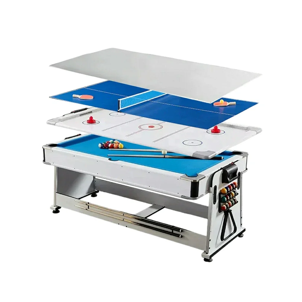 VERSA NEW 2026 UPGRADE MODEL 4-IN-1 6FT Convertible Game Table – Air Hockey, Pool, Table Tennis & Dining, Space-Saving White Frame, Free Accessories - Blue Felt