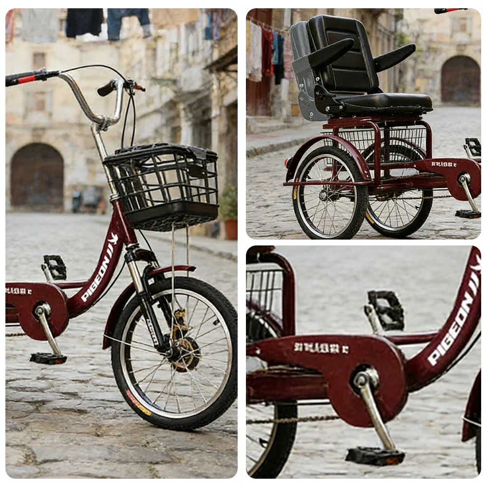 VOLTUS Tricycle High-Carbon Steel Frame 135kg Max Load High-Elastic Shock Absorption Front and Rear Drum Brakes Adjustable Saddle - Red - Image 3