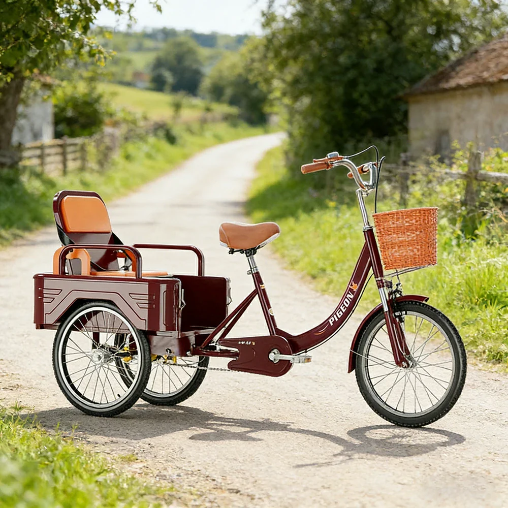 VOLTUS Tricycle High-Strength Steel Frame 300kg Max Load Dual-Shoulder Suspension Front and Rear Dual Brakes Adjustable Rear Seat Large Storage Basket - Red - Image 2