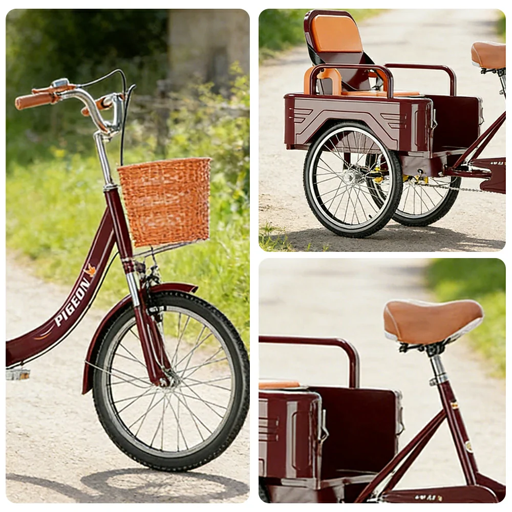 VOLTUS Tricycle High-Strength Steel Frame 300kg Max Load Dual-Shoulder Suspension Front and Rear Dual Brakes Adjustable Rear Seat Large Storage Basket - Red - Image 3