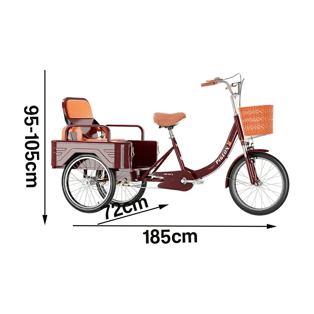 VOLTUS Tricycle High-Strength Steel Frame 300kg Max Load Dual-Shoulder Suspension Front and Rear Dual Brakes Adjustable Rear Seat Large Storage Basket - Red - Image 5