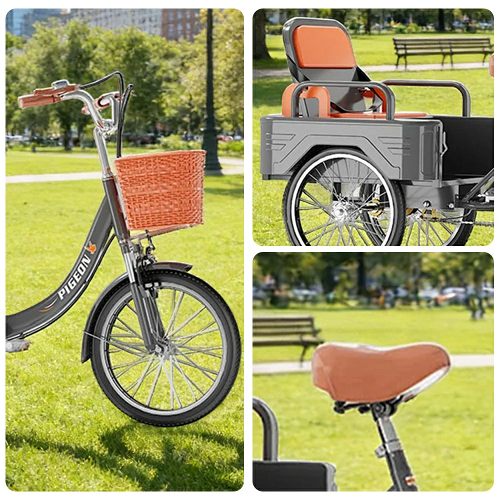 VOLTUS Tricycle High-Strength Steel Frame 300kg Max Load Dual-Shoulder Suspension Front and Rear Dual Brakes Adjustable Rear Seat Large Storage Basket - Grey - Image 3