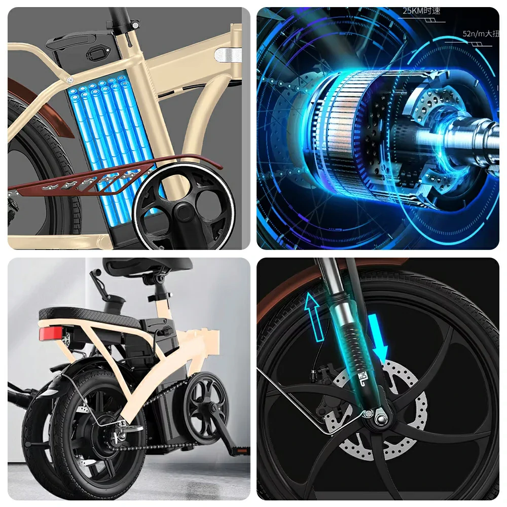 VOLTUS Electric Bike 48V 15/20AH Lithium Battery, High-Torque Motor, Dual Disc Brakes, Carbon Steel Frame, Quick-Fold Design, 20-Inch Integrated Wheels - Beige - Image 3