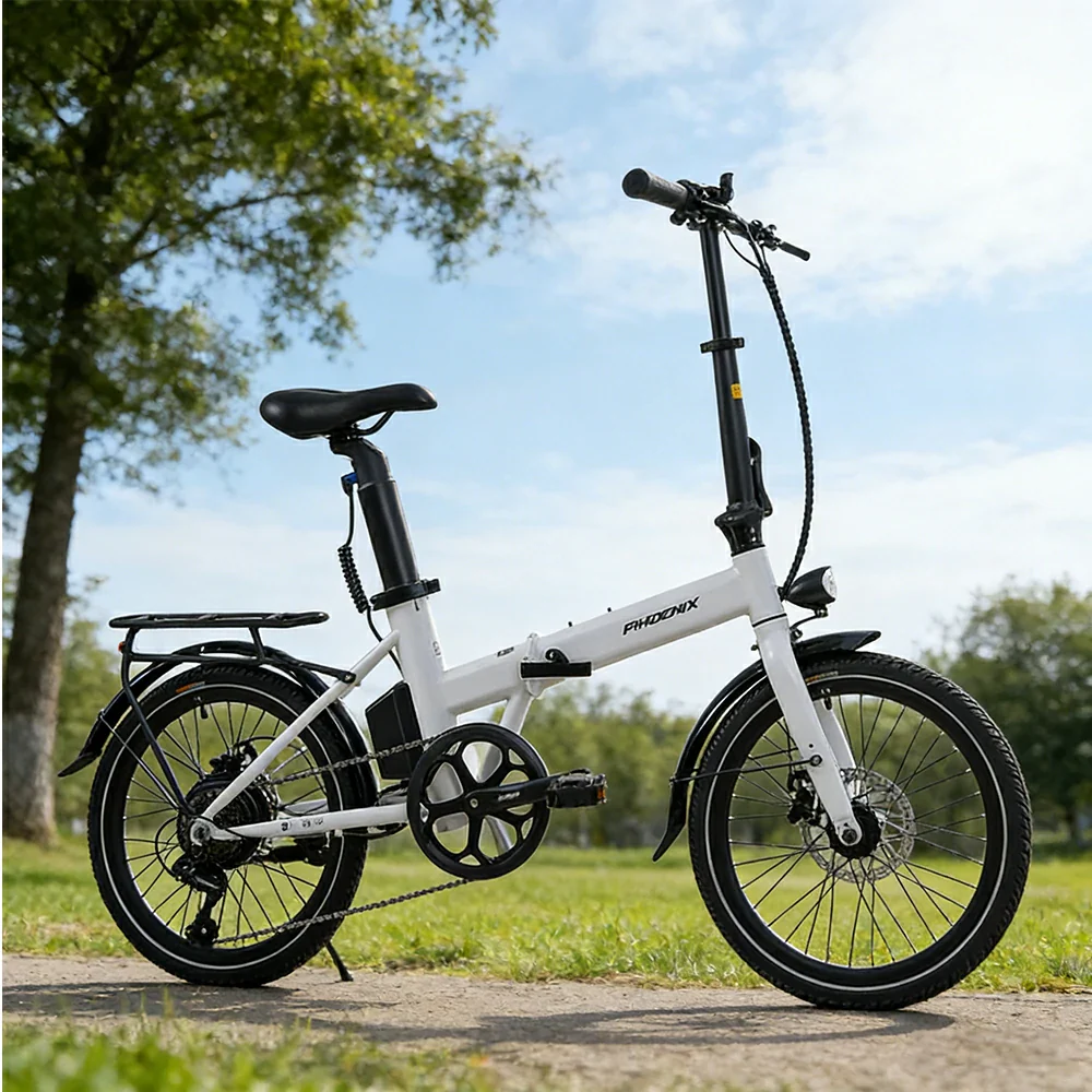 VOLTUS Electric Bike 36V 8/12AH 350W Motor, Shimano 7-Speed, High-Carbon Steel Frame, Removable Battery, LED Light, Foldable, 20-Inch Wheels - White - Image 2