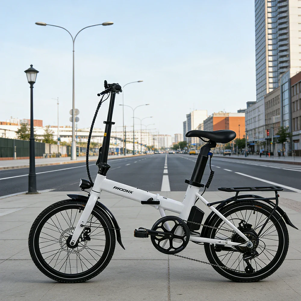 VOLTUS Electric Bike 36V 8/12AH 350W Motor, Shimano 7-Speed, High-Carbon Steel Frame, Removable Battery, LED Light, Foldable, 20-Inch Wheels - White - Image 4