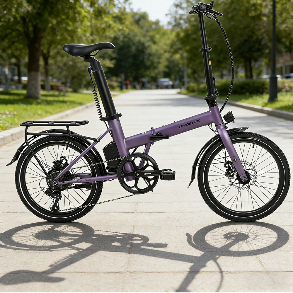 VOLTUS Electric Bike 36V 8/12AH 350W Motor, Shimano 7-Speed, High-Carbon Steel Frame, Removable Battery, LED Light, Foldable, 20-Inch Wheels - Purple - Image 2