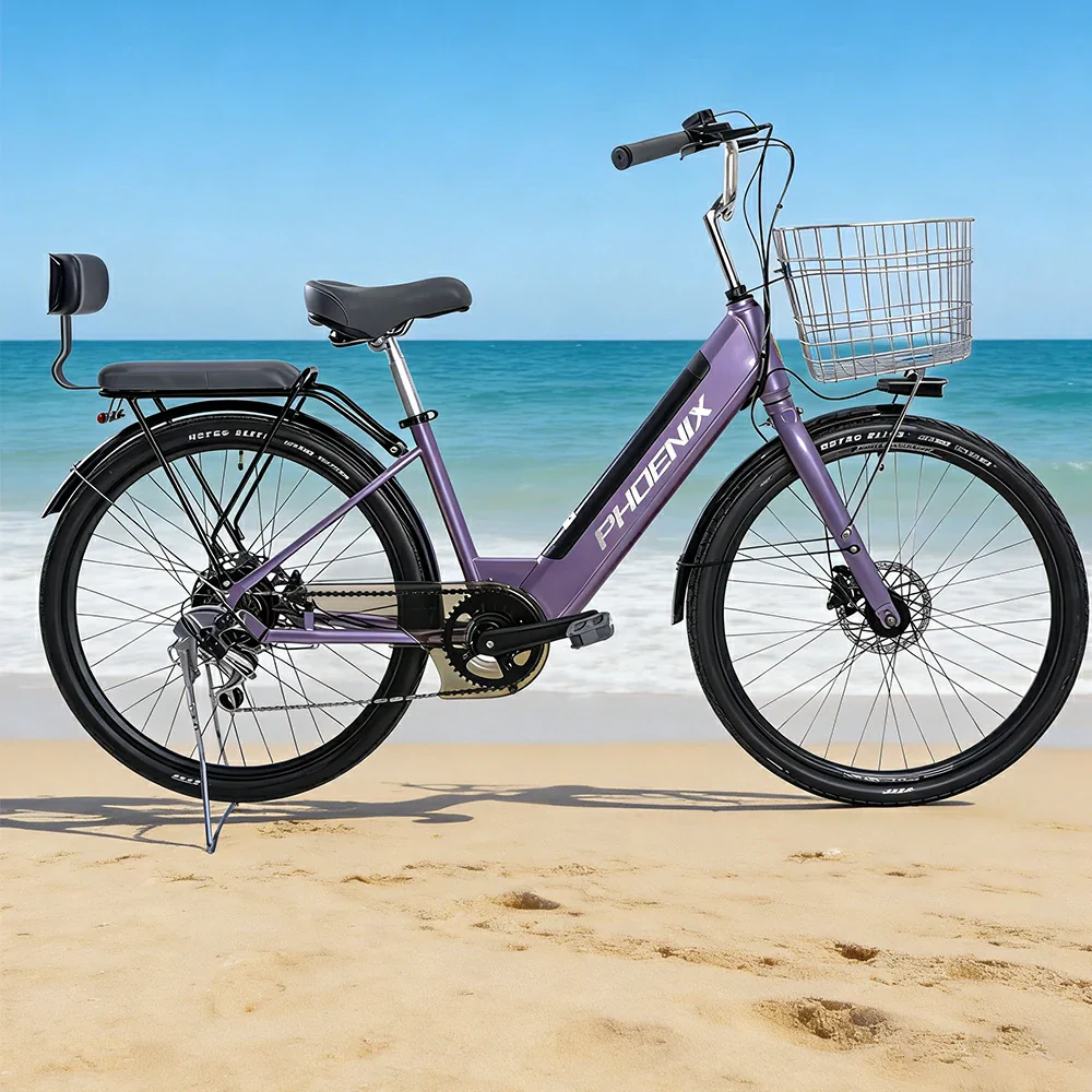 VOLTUS 26-Inch Electric Bike, 36V350W Motor, Shimano 7-Speed Gears, High Carbon Steel Frame, Spoked Wheels, Removable Mid Battery with Rear Seat - Purple - Image 2
