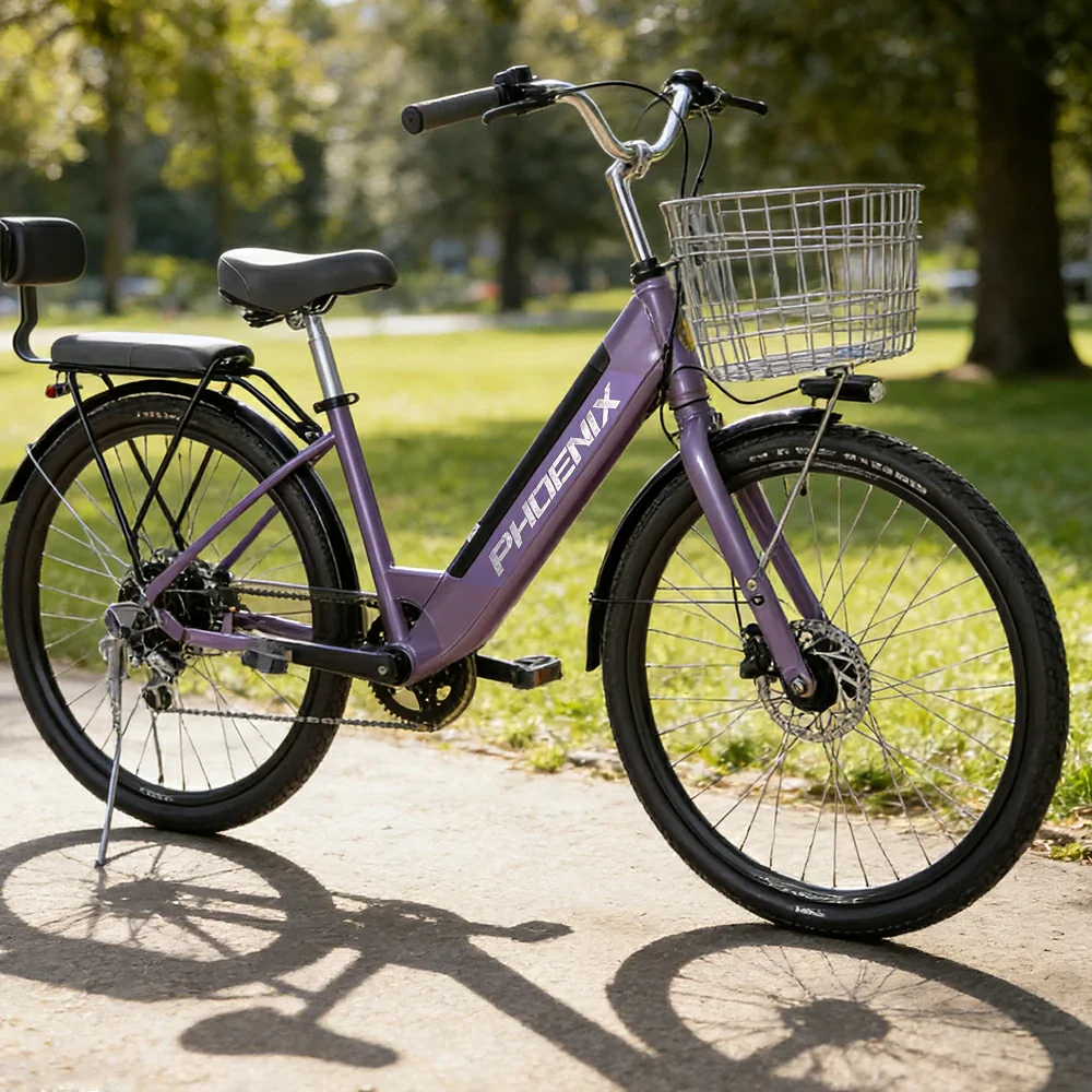 VOLTUS 26-Inch Electric Bike, 36V350W Motor, Shimano 7-Speed Gears, High Carbon Steel Frame, Spoked Wheels, Removable Mid Battery with Rear Seat - Purple - Image 4