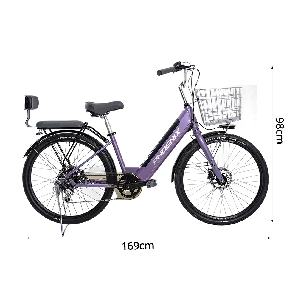 VOLTUS 26-Inch Electric Bike, 36V350W Motor, Shimano 7-Speed Gears, High Carbon Steel Frame, Spoked Wheels, Removable Mid Battery with Rear Seat - Purple - Image 5