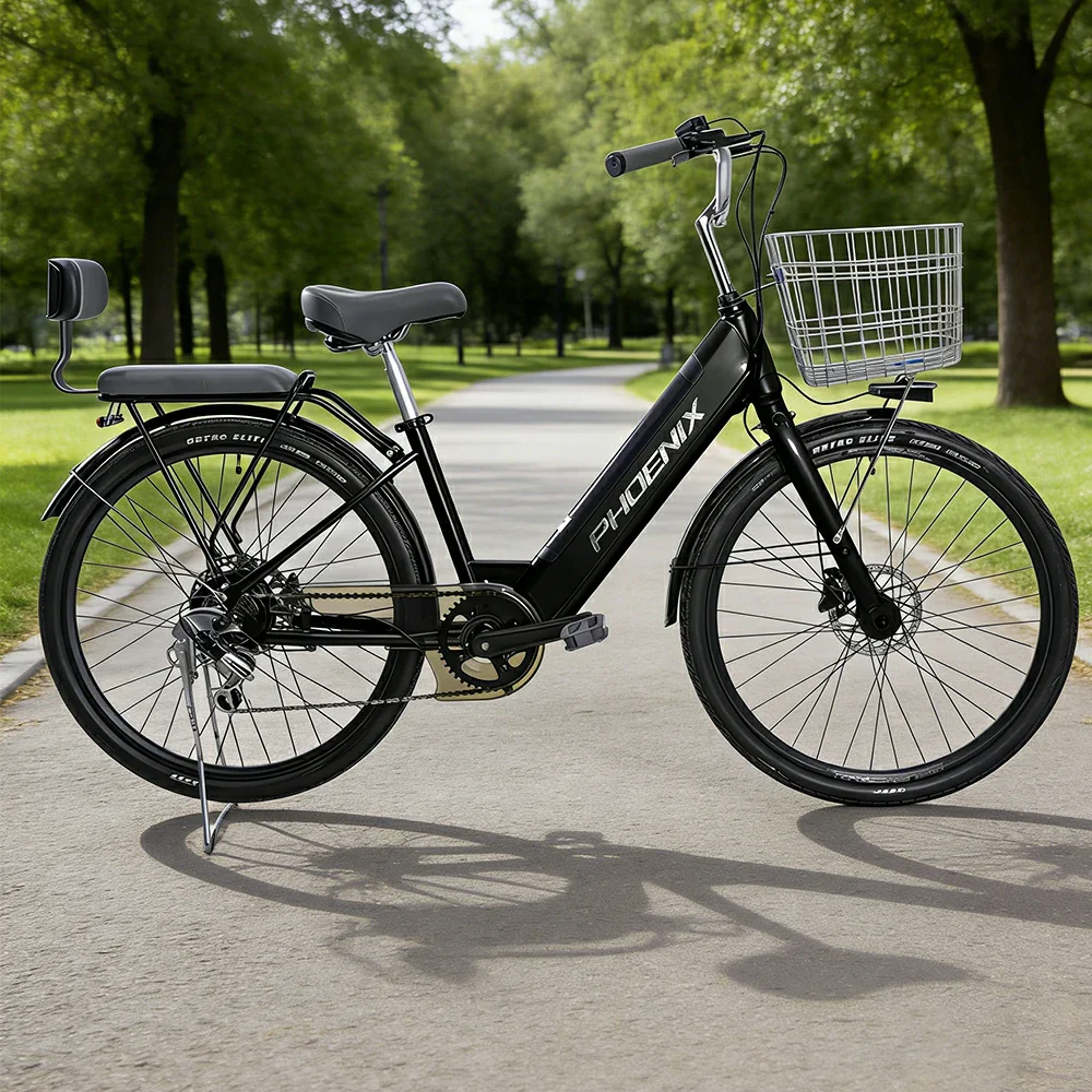 VOLTUS 26-Inch Electric Bike, 36V350W Motor, Shimano 7-Speed Gears, High Carbon Steel Frame, Spoked Wheels, Removable Mid Battery with Rear Seat - Black - Image 2