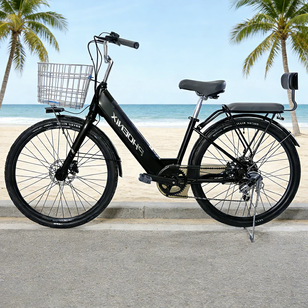 VOLTUS 26-Inch Electric Bike, 36V350W Motor, Shimano 7-Speed Gears, High Carbon Steel Frame, Spoked Wheels, Removable Mid Battery with Rear Seat - Black - Image 4