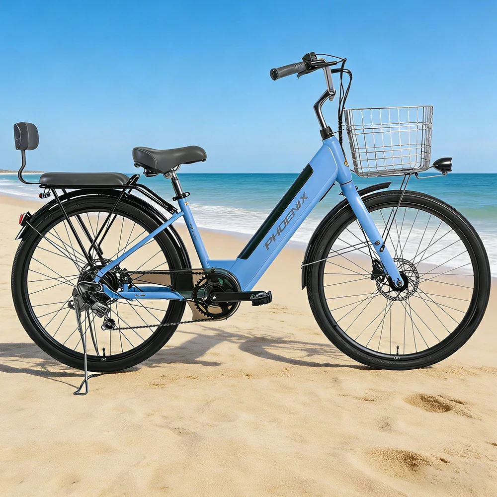 VOLTUS 26-Inch Electric Bike, 36V350W Motor, Shimano 7-Speed Gears, High Carbon Steel Frame, Spoked Wheels, Removable Mid Battery with Rear Seat - Blue - Image 2