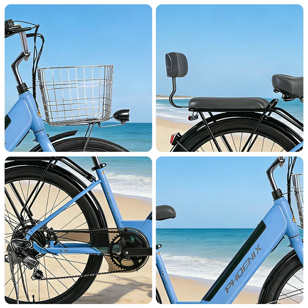 VOLTUS 26-Inch Electric Bike, 36V350W Motor, Shimano 7-Speed Gears, High Carbon Steel Frame, Spoked Wheels, Removable Mid Battery with Rear Seat - Blue - Image 3