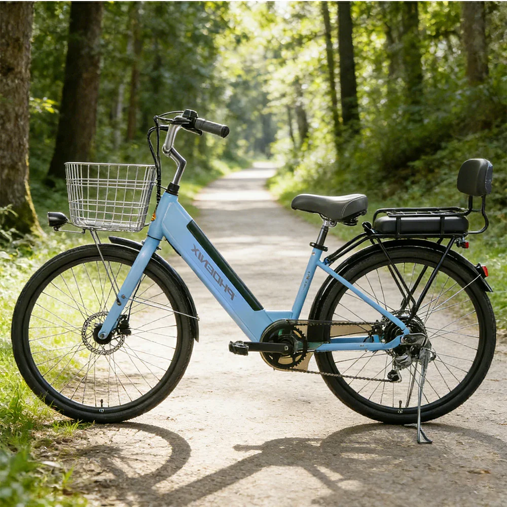 VOLTUS 26-Inch Electric Bike, 36V350W Motor, Shimano 7-Speed Gears, High Carbon Steel Frame, Spoked Wheels, Removable Mid Battery with Rear Seat - Blue - Image 4