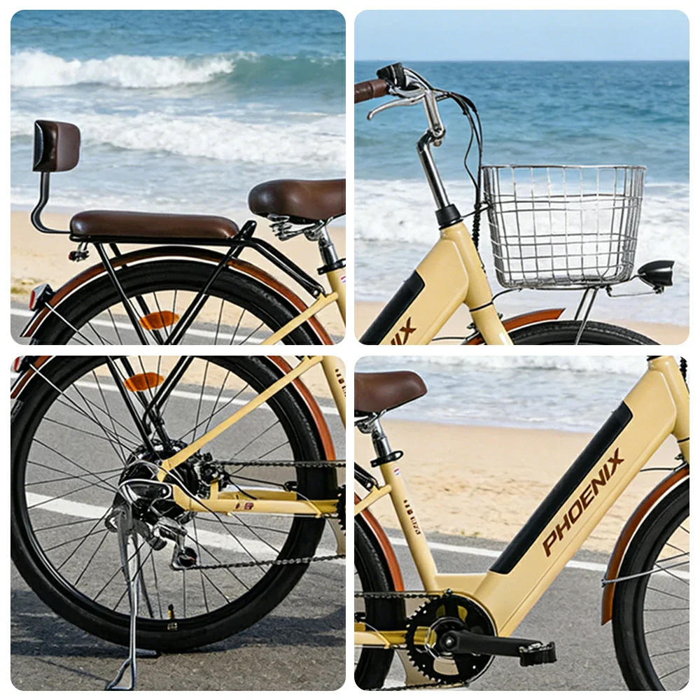 VOLTUS 26-Inch Electric Bike, 36V350W Motor, Shimano 7-Speed Gears, High Carbon Steel Frame, Spoked Wheels, Removable Mid Battery with Rear Seat - Beige - Image 3