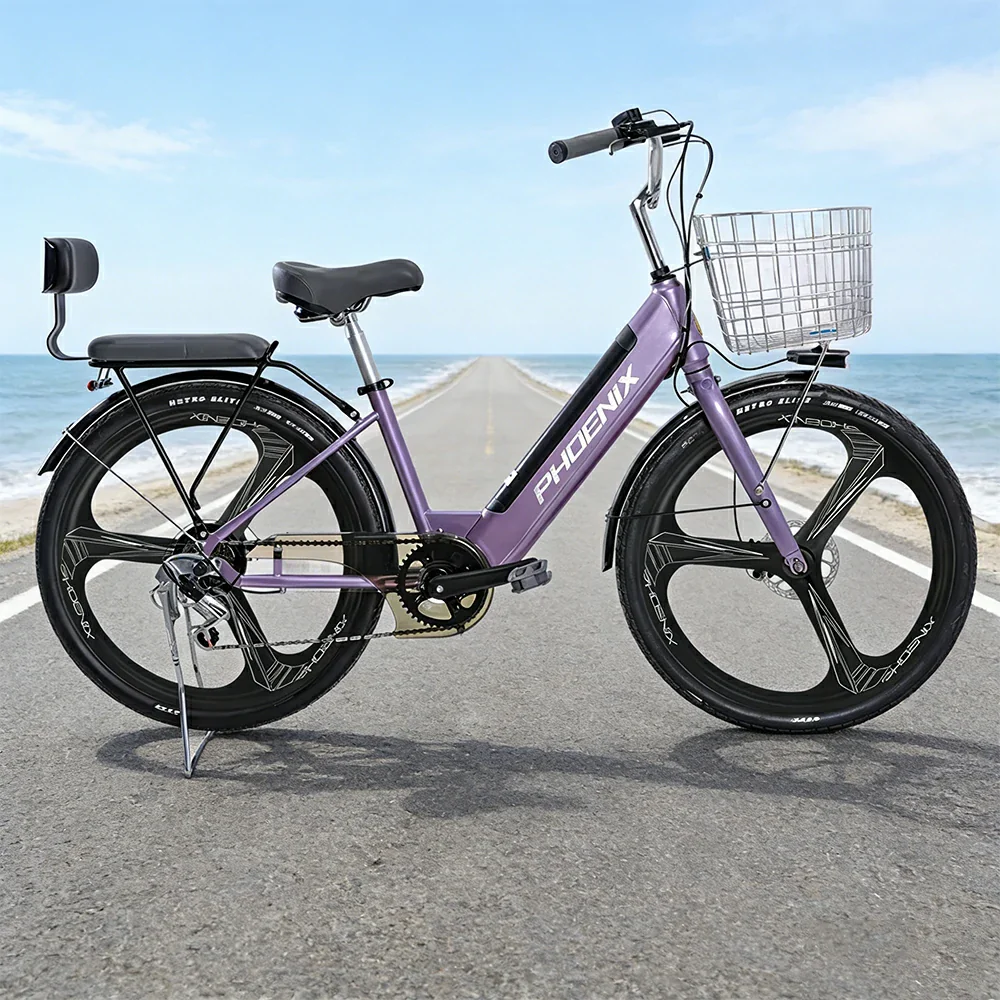 VOLTUS 26-Inch Electric Bike, 48V400W Motor, Shimano 7-Speed Gears, High Carbon Steel Frame, One-Piece Wheels, Removable Mid Battery with Rear Seat - Purple - Image 2