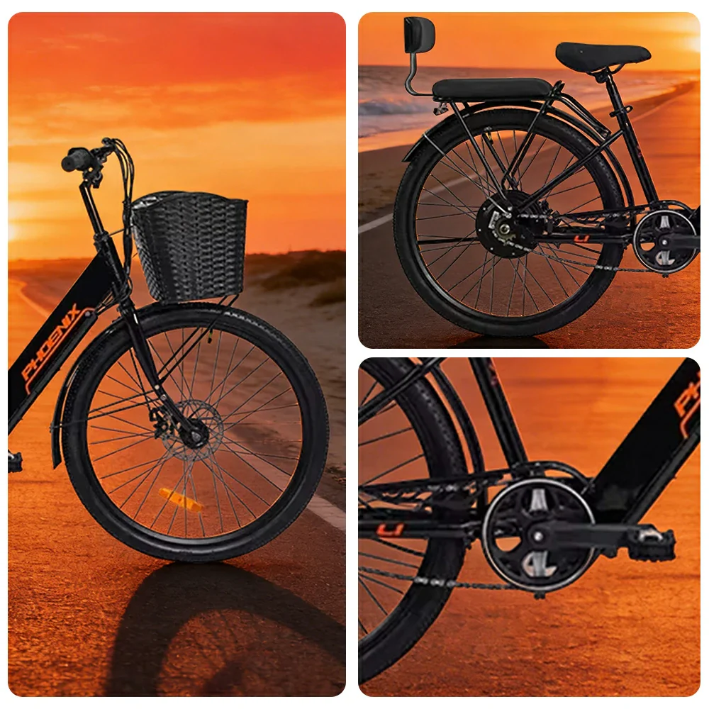 VOLTUS 26-Inch Electric Bike, 36V350W Motor, Dual Disc Brakes, High Carbon Steel Frame, Large Front Basket - Black - Image 3