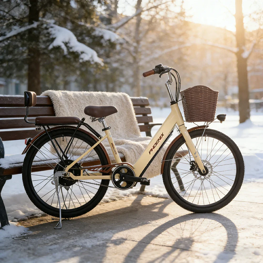 VOLTUS 26-Inch Electric Bike, 36V350W Motor, Dual Disc Brakes, High Carbon Steel Frame, Large Front Basket - Beige - Image 2