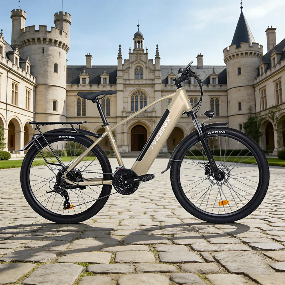 VOLTUS 26-Inch Electric Bike, 36V350W Motor, Shimano 21-Speed Gears, High Carbon Steel Frame, Removable Mid Battery, 80kg Rear Rack - Gold - Image 4