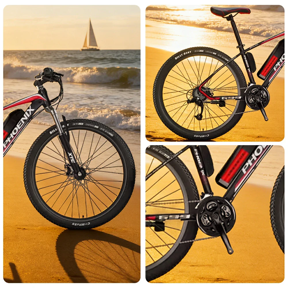 VOLTUS 26-Inch Electric Mountain Bike, 350W Brushless Motor, 21-Speed Gears, Aluminium Alloy Frame, Removable Battery, Spoked Wheels - Black&Red - Image 3