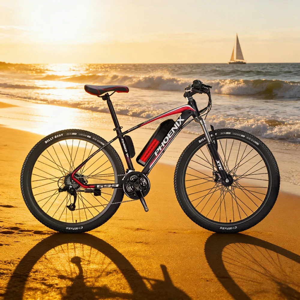 VOLTUS 26-Inch Electric Mountain Bike, 350W Brushless Motor, 21-Speed Gears, Aluminium Alloy Frame, Removable Battery, Spoked Wheels - Black&Red - Image 4