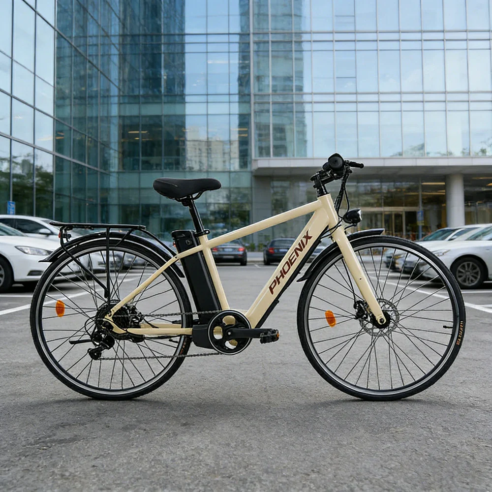 VOLTUS 700C Electric Road Bike, 36V350W Brushless Motor, Shimano 7-Speed Gears, High Carbon Steel Frame, Urban Commuter Design - Beige - Image 2