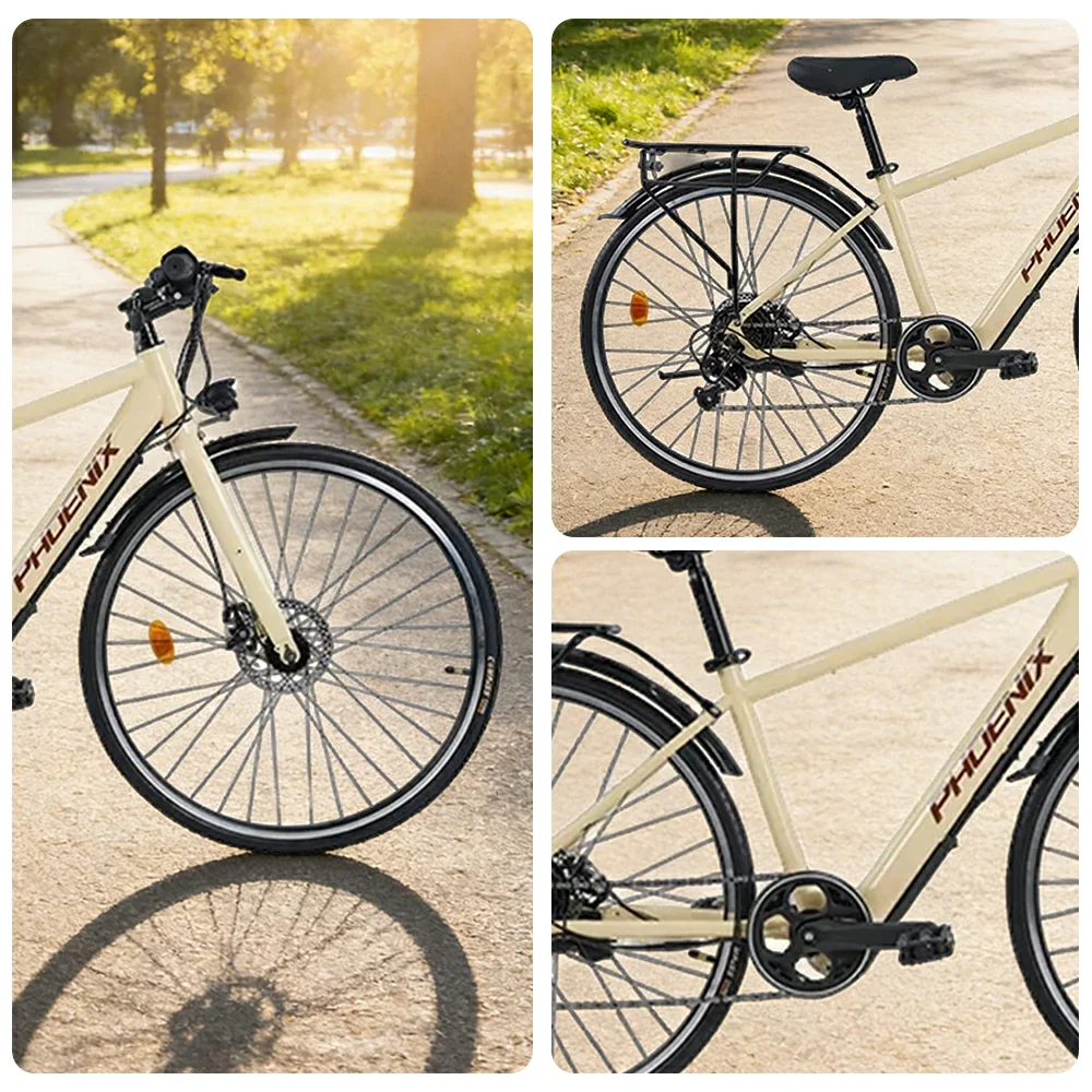 VOLTUS 700C Electric Road Bike, 36V350W Brushless Motor, Shimano 7-Speed Gears, High Carbon Steel Frame, Urban Commuter Design - Beige - Image 3
