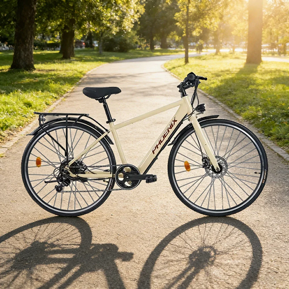 VOLTUS 700C Electric Road Bike, 36V350W Brushless Motor, Shimano 7-Speed Gears, High Carbon Steel Frame, Urban Commuter Design - Beige - Image 4