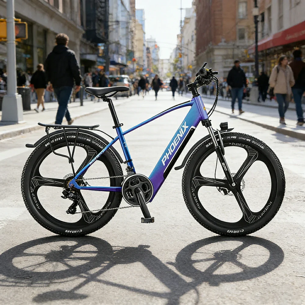 VOLTUS 26-Inch Electric Bike, 48V400W Brushless Motor, 21-Speed Gears, Aluminium Alloy Frame, Hidden Waterproof Battery, One-Piece Wheels - Blue&Purple - Image 2