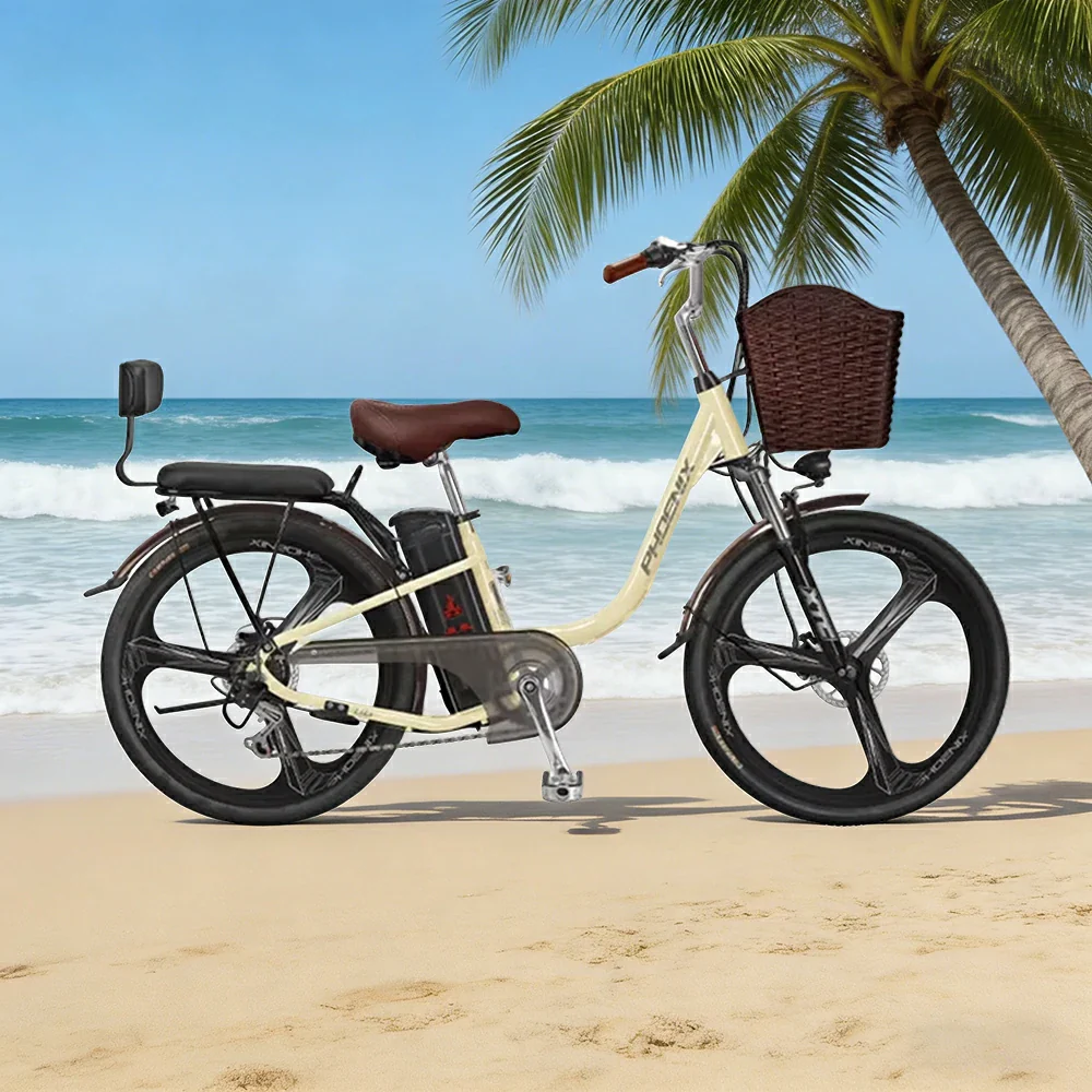 VOLTUS 26-Inch Electric Bike, 400W Brushless Motor, Shimano 7-Speed Gears, High Carbon Steel Frame, Removable 15/28AH Battery, One-Piece Wheels - Beige - Image 2