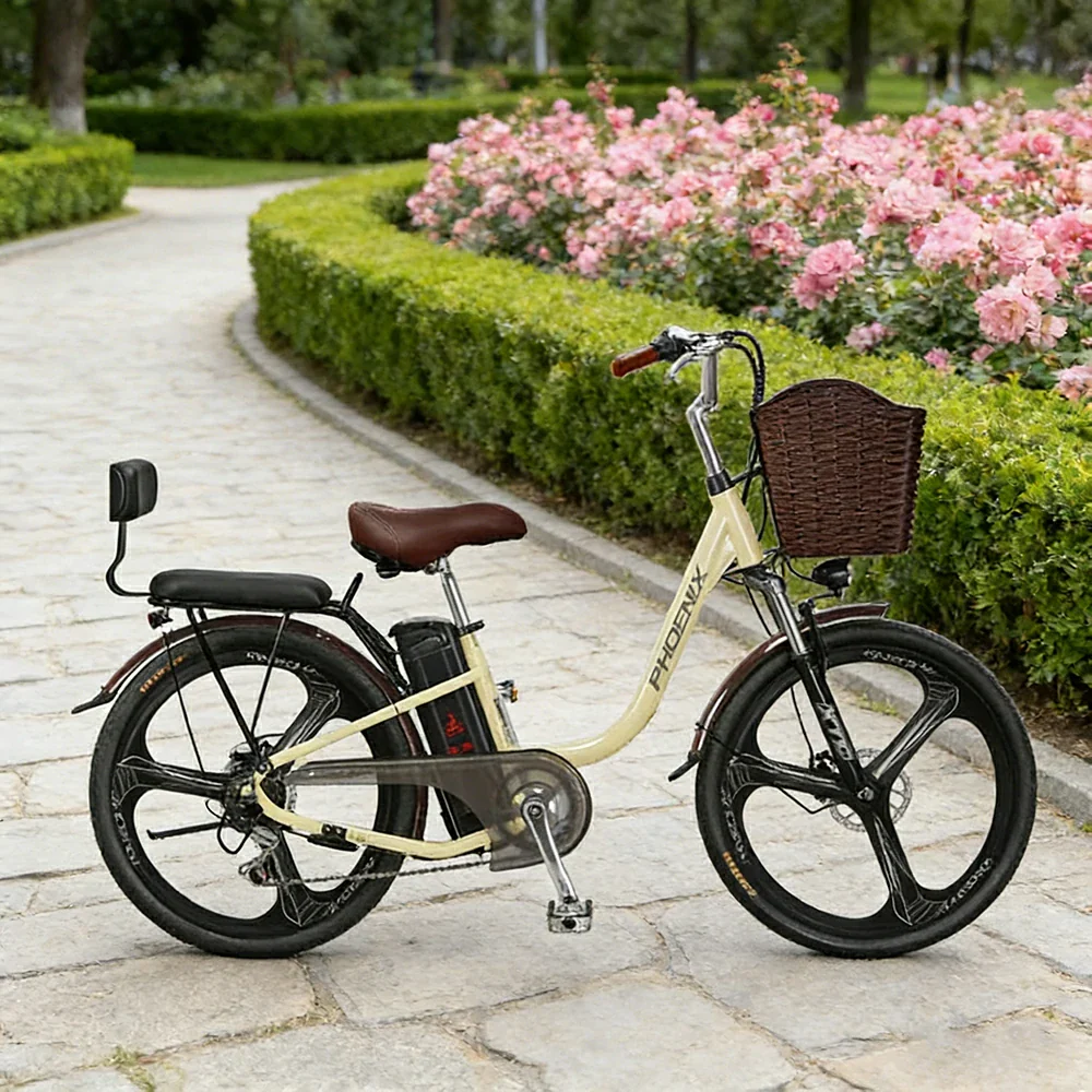 VOLTUS 26-Inch Electric Bike, 400W Brushless Motor, Shimano 7-Speed Gears, High Carbon Steel Frame, Removable 15/28AH Battery, One-Piece Wheels - Beige - Image 4