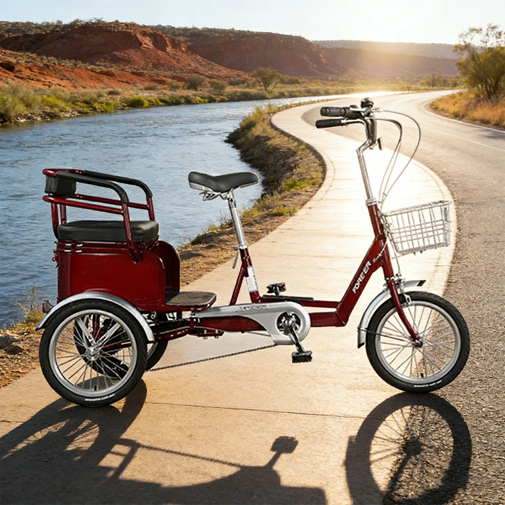 VOLTUS Tricycle, 7-Speed Shimano Drivetrain, Lightweight Aluminum Frame, Rear Baskets for Storage, Max Load 135kg - Red - Image 2