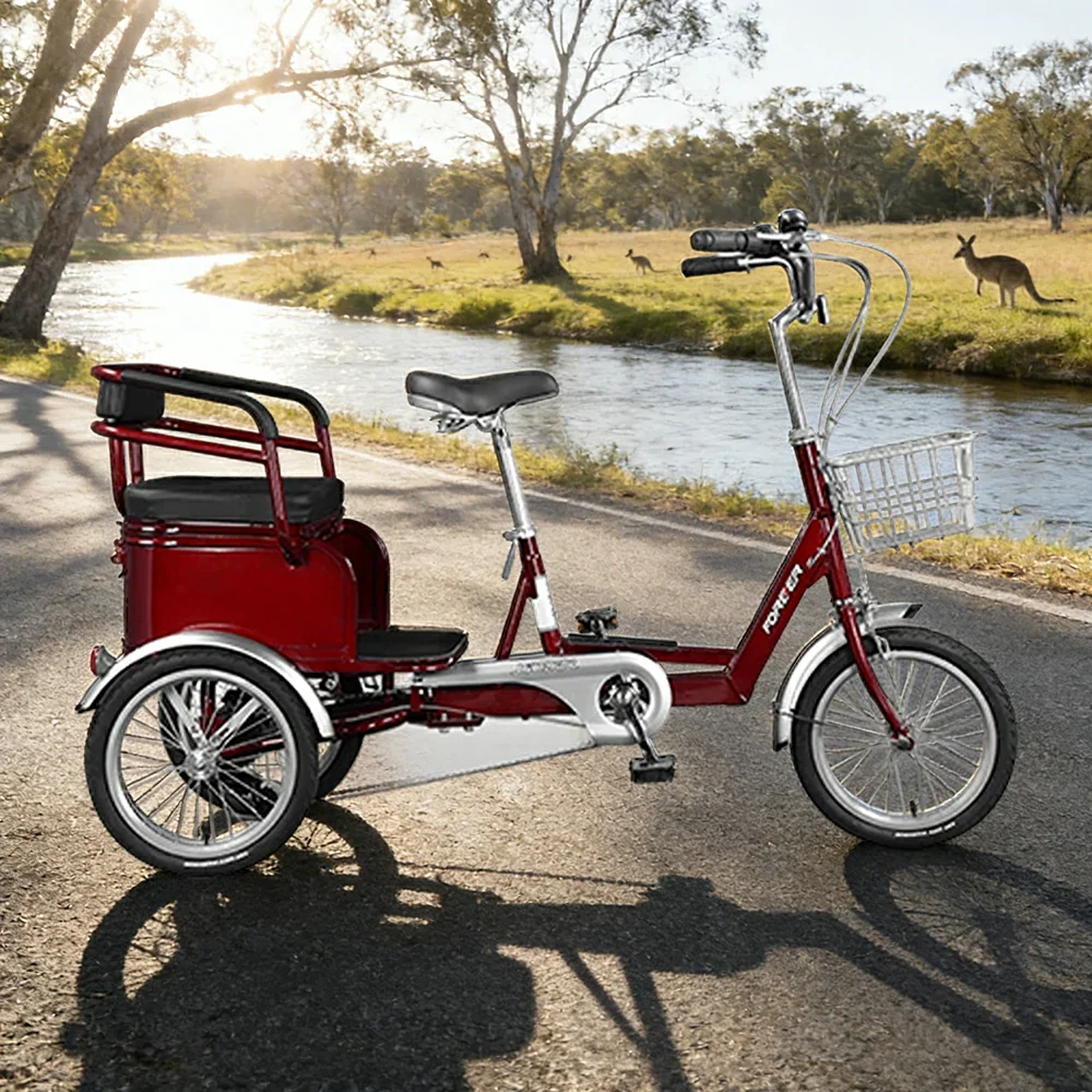 VOLTUS Tricycle, 7-Speed Shimano Drivetrain, Lightweight Aluminum Frame, Rear Baskets for Storage, Max Load 135kg - Red - Image 4