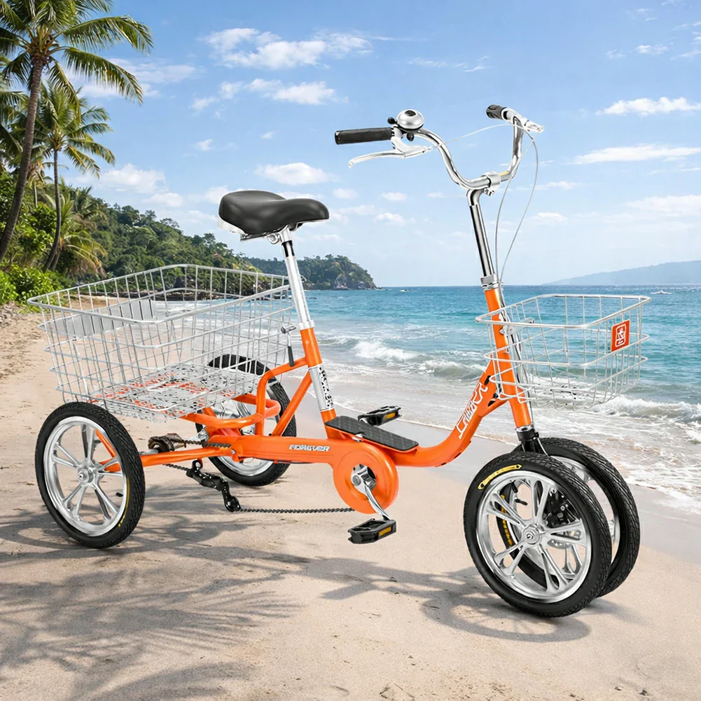 VOLTUS 14" Tricycle Dual Front-Wheel Design High-Strength Steel Frame 135kg Max Load Waterproof Bottom Bracket Large Storage Baskets - Orange - Image 2