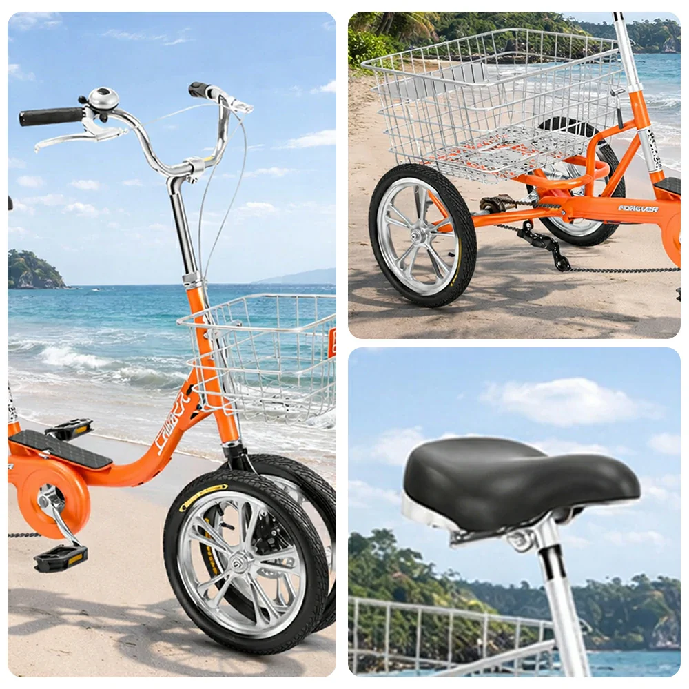 VOLTUS 14" Tricycle Dual Front-Wheel Design High-Strength Steel Frame 135kg Max Load Waterproof Bottom Bracket Large Storage Baskets - Orange - Image 3