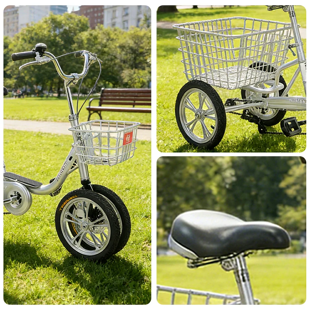 VOLTUS 14" Tricycle Dual Front-Wheel Design High-Strength Steel Frame 135kg Max Load Waterproof Bottom Bracket Large Storage Baskets - Silver - Image 3