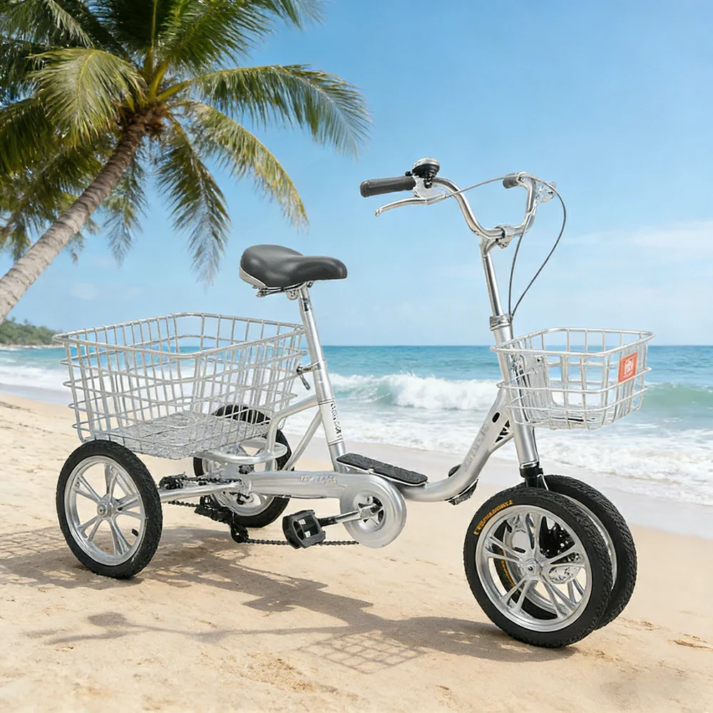 VOLTUS 14" Tricycle Dual Front-Wheel Design High-Strength Steel Frame 135kg Max Load Waterproof Bottom Bracket Large Storage Baskets - Silver - Image 4
