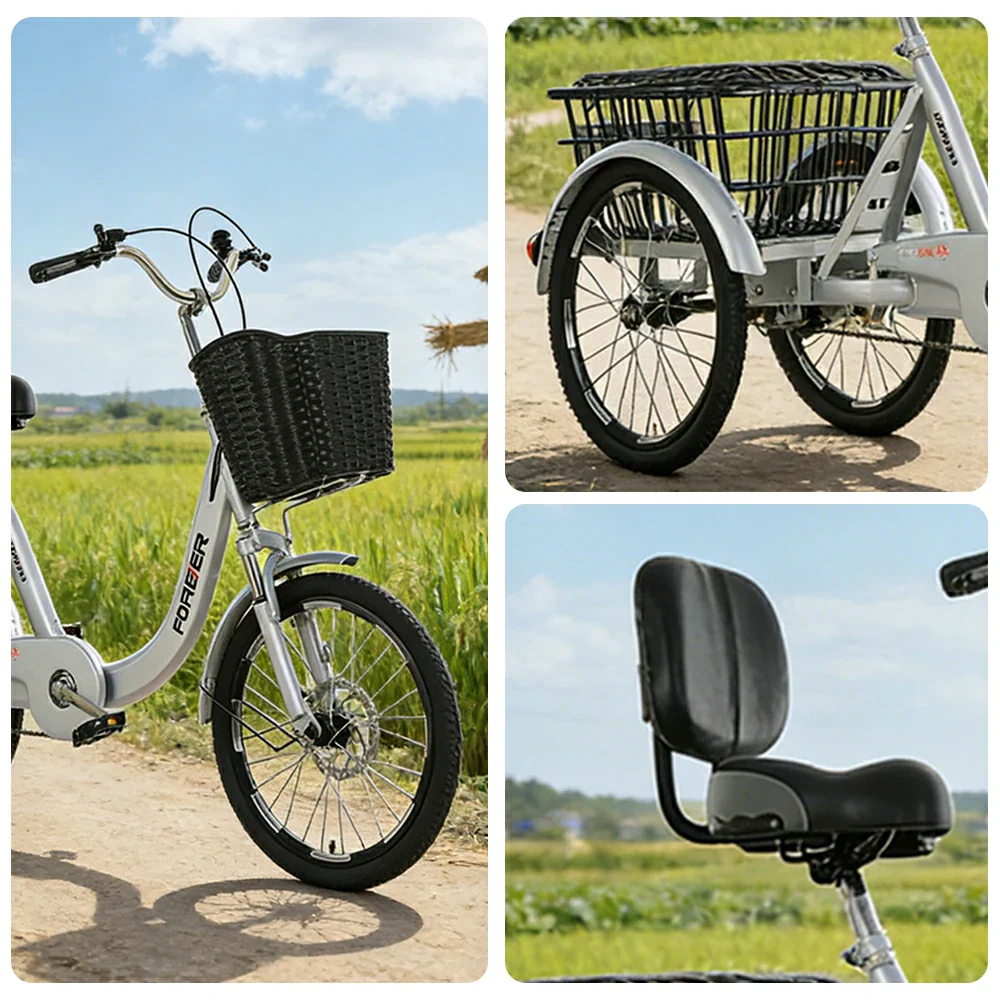 VOLTUS Tricycle High-Strength Steel Frame 135kg Max Load Shimano 6-Speed Adjustable Saddle Large Rear Basket - Silver - Image 3