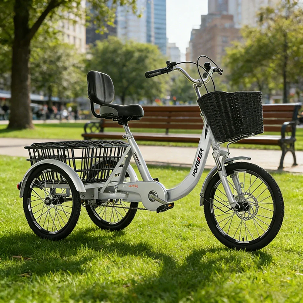 VOLTUS Tricycle High-Strength Steel Frame 135kg Max Load Shimano 6-Speed Adjustable Saddle Large Rear Basket - Silver - Image 4