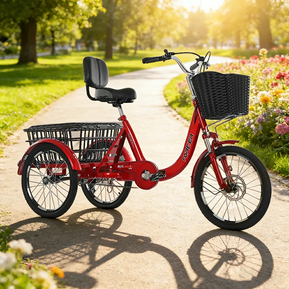 VOLTUS Tricycle High-Strength Steel Frame 135kg Max Load Shimano 6-Speed Adjustable Saddle Large Rear Basket - Red - Image 2