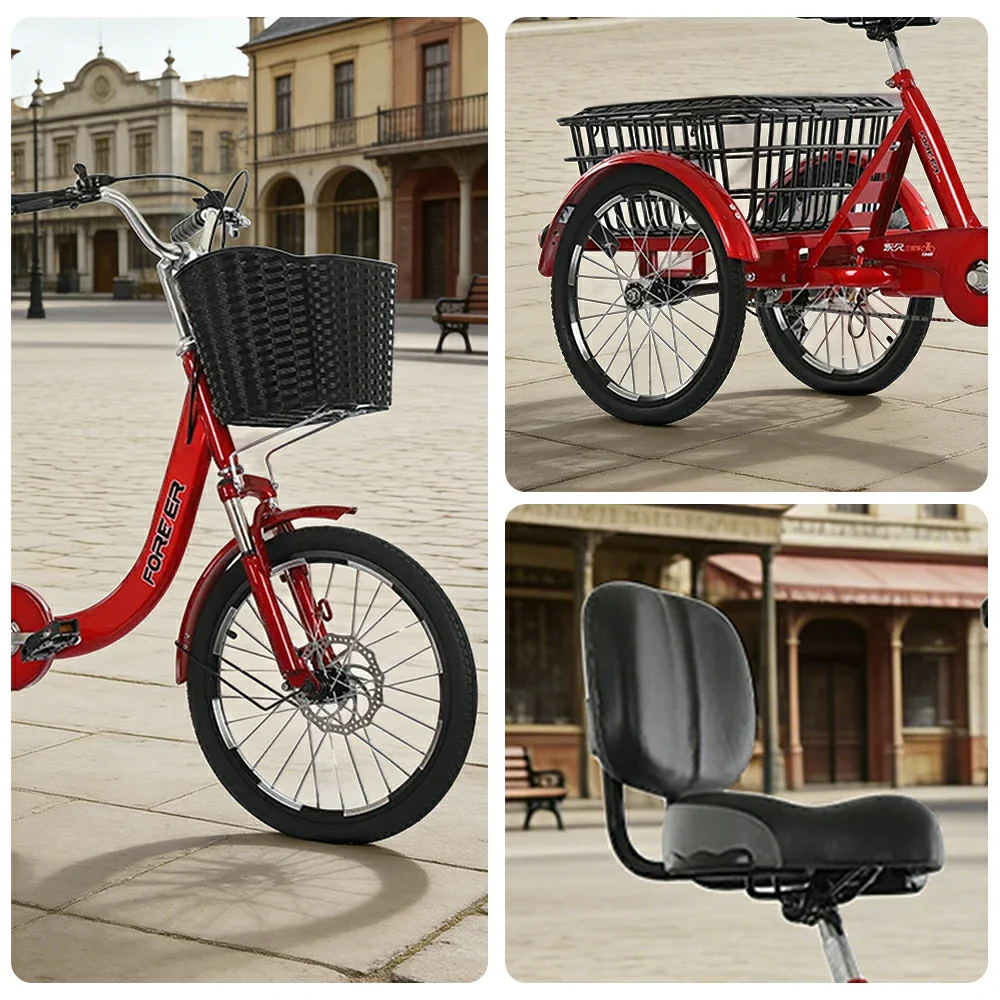 VOLTUS Tricycle High-Strength Steel Frame 135kg Max Load Shimano 6-Speed Adjustable Saddle Large Rear Basket - Red - Image 3