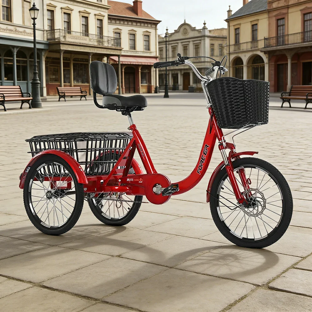 VOLTUS Tricycle High-Strength Steel Frame 135kg Max Load Shimano 6-Speed Adjustable Saddle Large Rear Basket - Red - Image 4