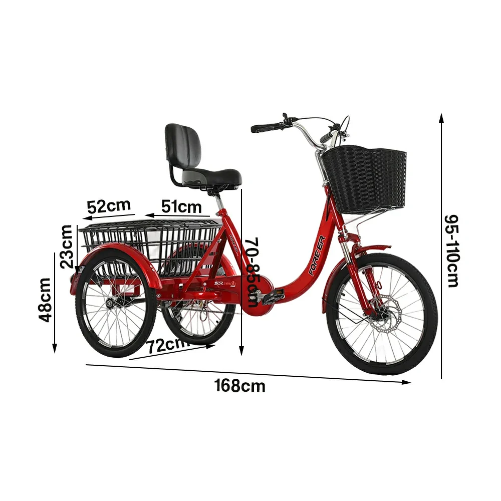 VOLTUS Tricycle High-Strength Steel Frame 135kg Max Load Shimano 6-Speed Adjustable Saddle Large Rear Basket - Red - Image 5